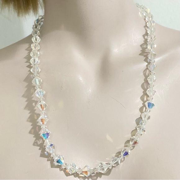Vintage Clear Aurora Borealis AB Crystal  Diamond-shaped Beaded Necklace - Picture 2 of 11